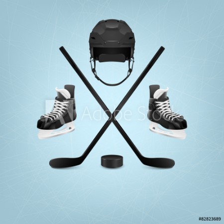Picture of Ice hockey helmet puck sticks and skates